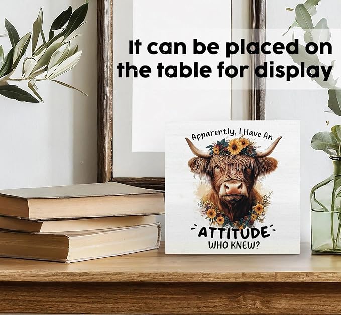 Highland Cow Sign, Farm Cottagecore Animal Office Kitchen Bedroom Decor, Apparently I Have an Attitude Who Knew Wooden Box Signs, Apparently Highland Cow Gifts for Women Men 8x8 in Decorative Signs & Plaques