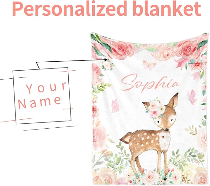 Personalized Deer Blanket with Name for Girl, Custom Name Blanket for Teen, Soft Flannel Deer Blankets Customized Gift for Birthday 50"x60"
