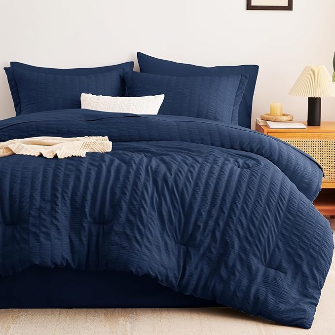 CozyLux Queen Comforter Set Navy Blue Seersucker 7 Pieces Bed in a Bag Queen Comforter Set with Sheets Luxury Soft Bedding Set with Down Alternative Comforter, Sheets, Pillowcases & Shams All Seasons