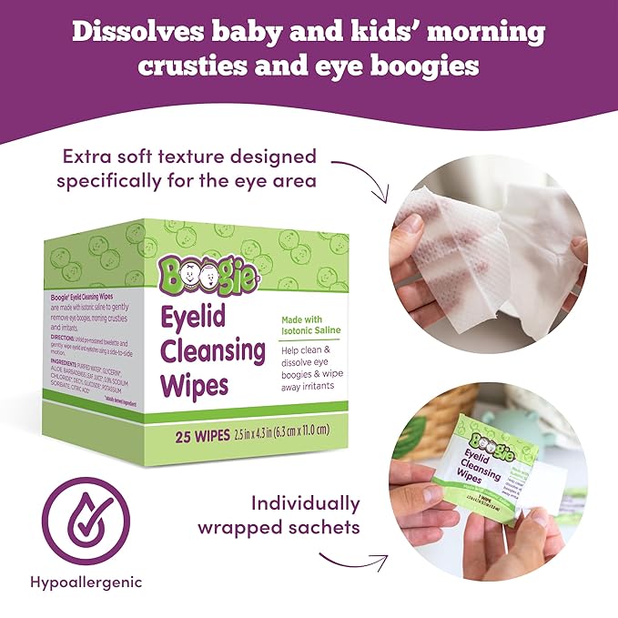 Boogie Eyelid Cleansing Wipes for Baby, Kids & Adults, Made with Isotonic Saline, Individually Wrapped, 25 Ct