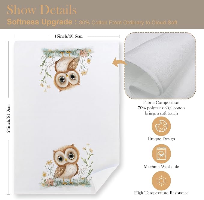 Owl Decor Kitchen Towels–Upgraded Fabric, Gifts for Owl Lovers Dish Tea Towels for Kitchen, Animal Lover Gifts Decorative Hand Towel for Kids Bathroom Decor, 16x24 Inch
