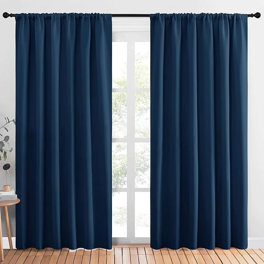 NICETOWN Living Room Curtains, Blackout Draperies, Moroccan Blue, 1 Pair, 70 x 84-inch, Home Decorations Thermal Insulated Solid Rod Pocket Blackout Drapes for Cafe