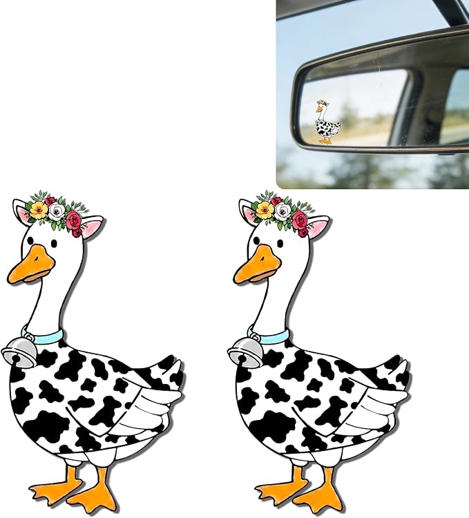 2Pack Cow Print Goose Car Vinyl Sticker and Decal for Rear View Mirror | Cute Cow Print Goose Mirror Sticker Waterproof,Car Accessories Decor,Goose Gifts for Women Men,Laptop Bathroom Mirror