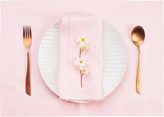 D'Moksha Homes Linen Placemats Set of 4 - Classic Hemstitch Pastel Pink Placemats 14 x 19 Inch - 100% Pure Linen Table Mats for Thanksgiving, Holiday - Handcrafted and Machine Washable