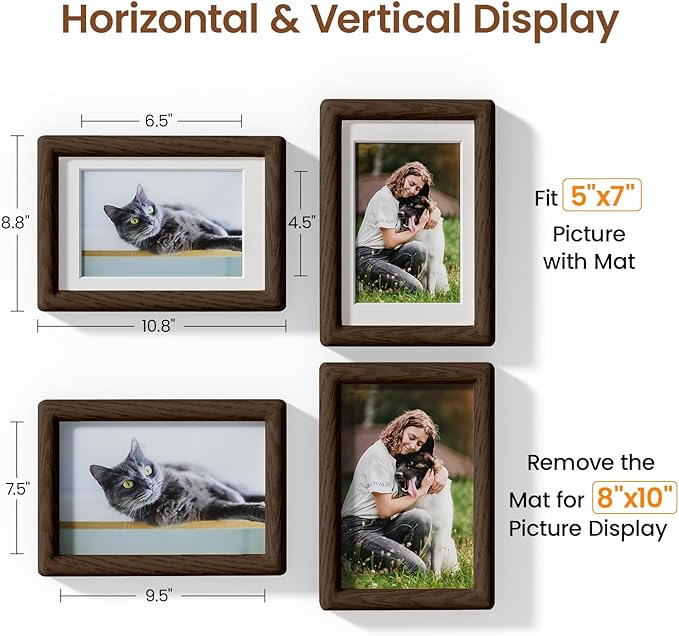 8x10 Picture Frame Natural Oak Wood From California-USA Walnut Color Finished with Real Tempered Glass, Handcrafted 8 x 10 Photo Frame Matted to 5x7 Wedding,Family,Graduation Picture on Table & Wall