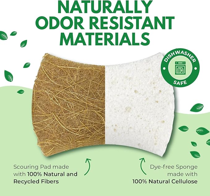 Biodegradable Natural Kitchen Sponges Pack of 24 - Cellulose and Coconut Kitchen Dishwashing Scrubbers - Eco Friendly Non-Scratch Heavy Duty Kitchen Sponges and Scrubbers for Dishes