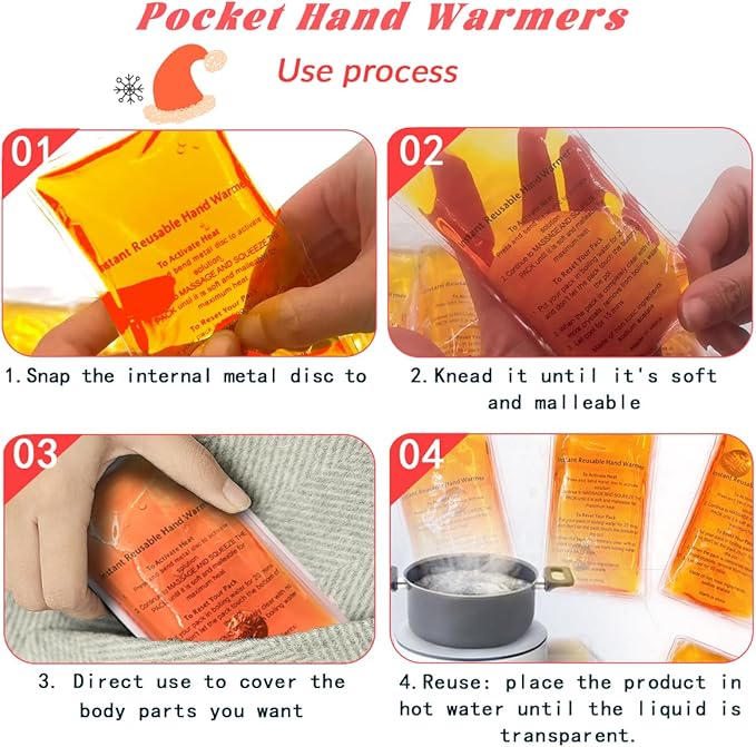 Reusable Snap Heat Pack, Hand Warmers Boil Click Heat Pocket Hand Warmer, Pouch Gel Hand Warmers for Camping for Outdoor, Indoor, Working, Studying, Camping, Warm Gifts