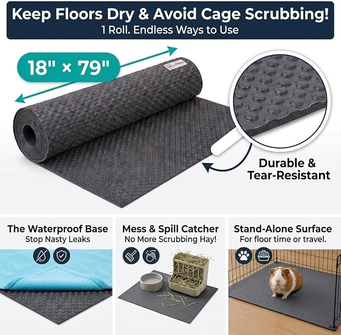 LUFTPETS Waterproof Guinea Pig Cage Liner Roll, 18x79 Cut to Fit Any Cage | Leakproof EVA Base Under Fleece, Litter Boxes or Reptile Tanks. Non-Slip, Reusable, Wipe Clean
