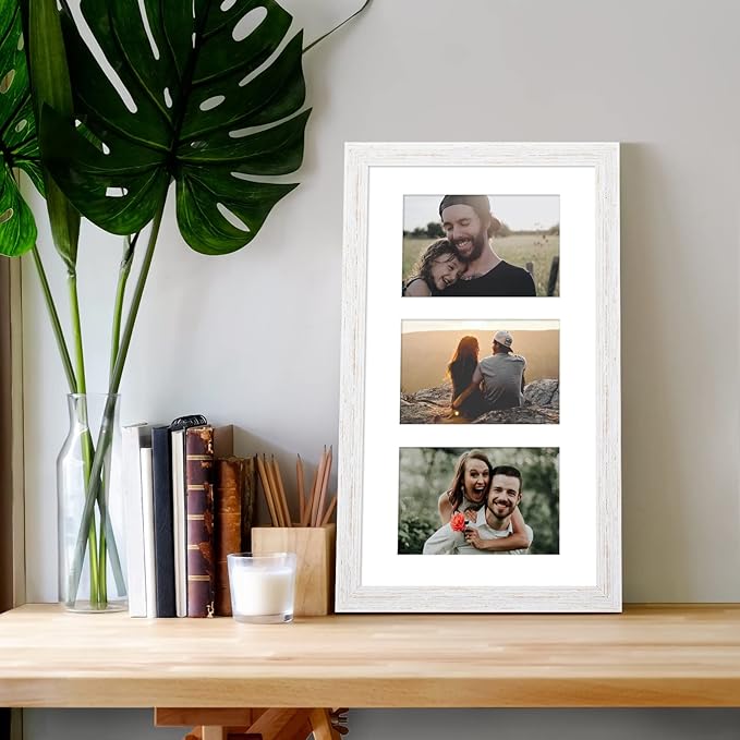 8x14 Collage frame with 3 Openings 4X6 Pictures, Multiple Picture Frame with Mat, Wall or Tabletop Decor, White Wood Grain,2 Pack