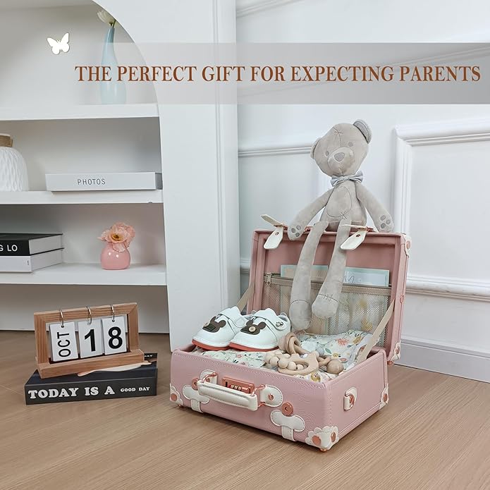 Unitravel Baby Keepsake Case, Handmade Memory Storage Box, Newborn Keepsake Box, Vintage Suitcase for Baby Shower, Baptism, Naming Ceremony or Birthday