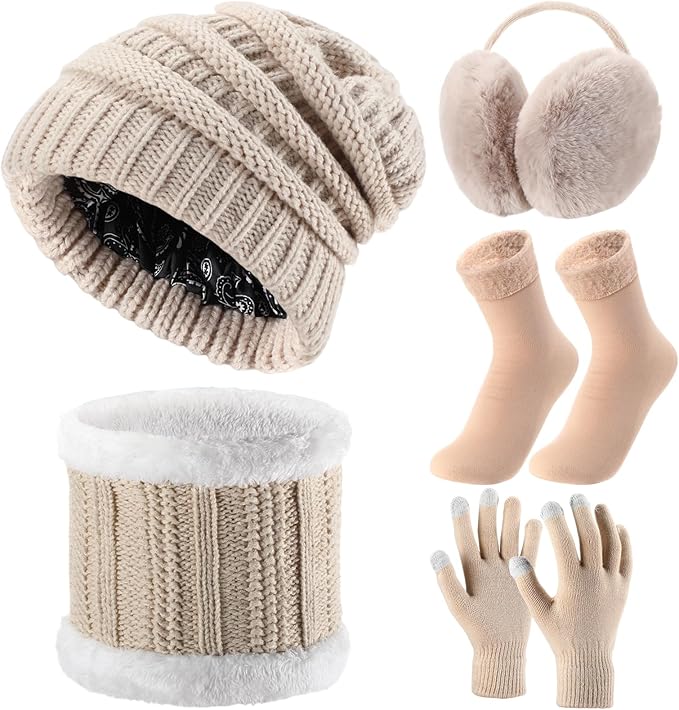 SATINIOR 5 Pcs Winter Satin Lined Hat Scarf Gloves Set Knit Pompom Beanie Warm Touchscreen Glove Earmuff Ear Warmer for Women
