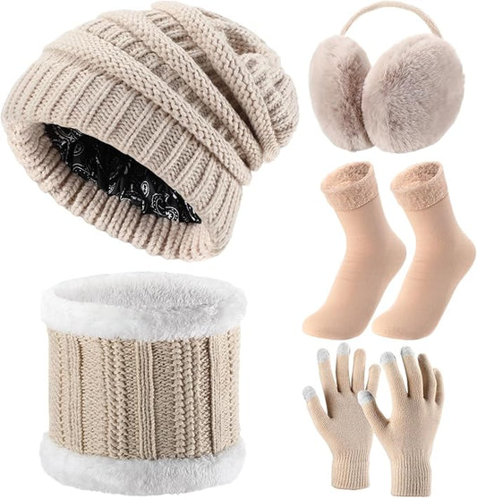 SATINIOR 5 Pcs Winter Satin Lined Hat Scarf Gloves Set Knit Pompom Beanie Warm Touchscreen Glove Earmuff Ear Warmer for Women