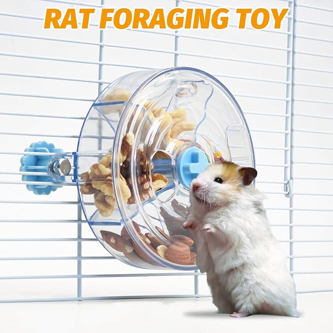 VCEPJH Rat Foraging Toy Interactive Slow Feeder with Transparent Rotating Treat Dispenser Wheel for Enrichment Activities Pet Rat Cage Accessories Ideal for Syrian Hamster Gerbil Mice (Blue)