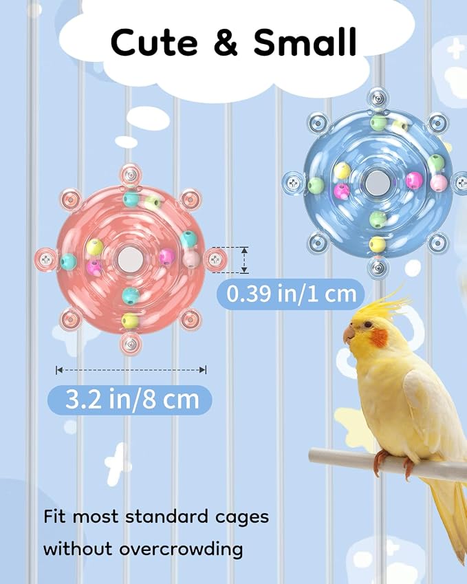 Pawfly 2 Pcs Bird Toys for Parakeets, Spinning Wheel Chew Toys, Interactive Spinner Rattle Parrot Toys, Cockatiel Toys, Bird Cage Accessories for Entertainment Chewing Exercise, Blue & Pink