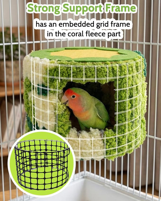 Bird Nest for Cage with Support Frame & Pad, Foot-Friendly Felt | Safe Hideout, Warm Bird Bed for Parakeets Lovebird Budgies, Winter Plush Coral Fleece Hammock Hut, Soft Washable Cozy House