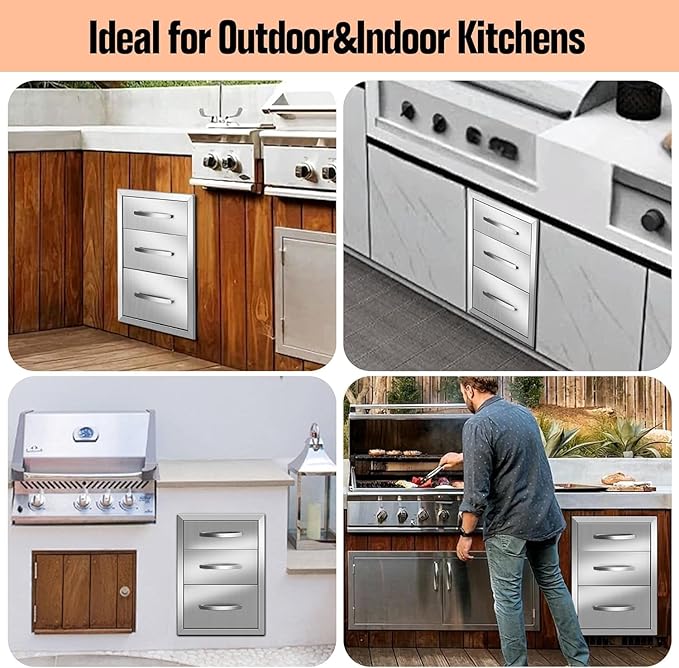 Outdoor Kitchen Drawers Stainless Steel 14W x 20.3H x 23D Inch, Flush Mount Triple BBQ Island Drawers with Handle for Outdoor Kitchens, Patio or Grill Station