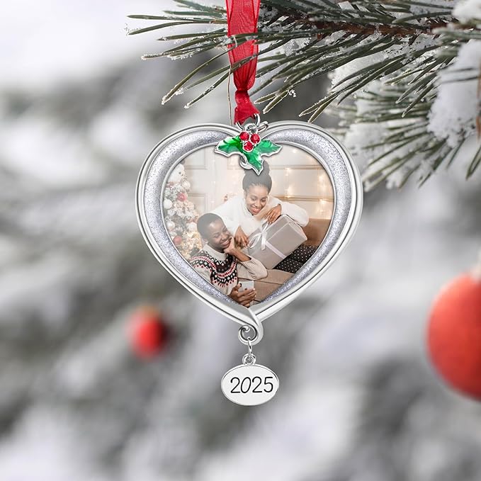Christmas Tree Ornament Picture Frame Metal Hanging Pendant Holiday 2.5" Photo Frame Charm Decorative of Pets, Baby First Christmas, Family (2025 White)