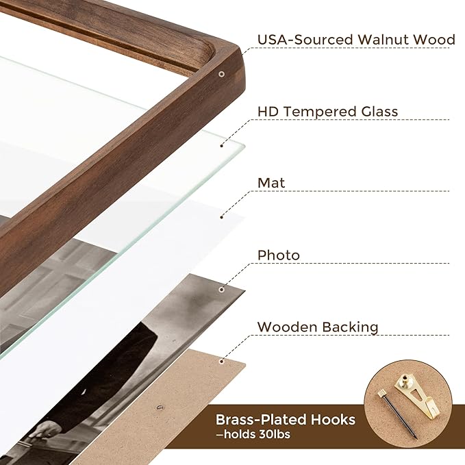 11x14 Wooden Picture Frames USA-Sourced Natural Walnut Solid Wood Photo Frame Handcrafted Rounded Corner with Mat to 8x10 Picture Frame Vintage Display with Real Glass Family Picture