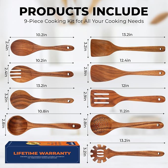 Wooden Utensil Set, Natural Teak Wooden Kitchen Utensils Set, Essential Wooden Spoons for Cooking (9Pcs)