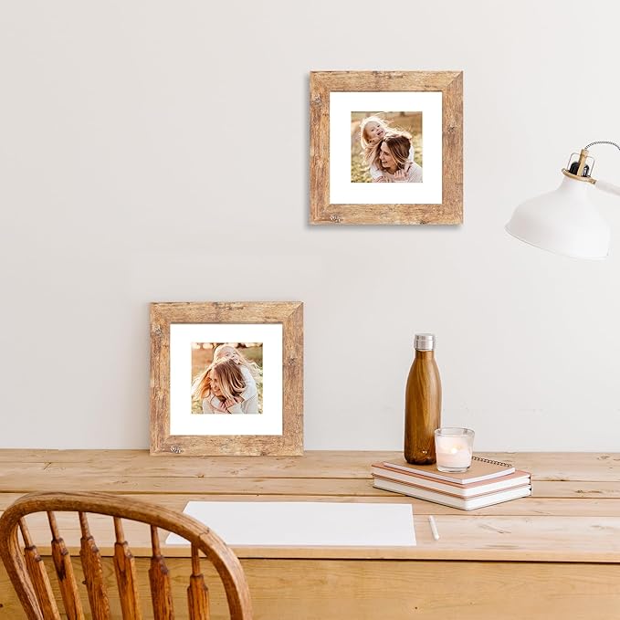 iRahmen 6x6 Picture Frame Set of 4 with Real Glass, Rustic Brown Frames Display 4x4 Picture with Mat or 6 x 6 Without Mat, Square Wood Photo Frame for Wall Mount and Tabletop Display