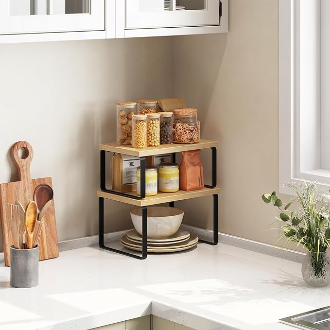 HOOBRO Spice Rack Set of 2, Kitchen Counter Organizer, Kitchen Storage, Cabinet Organizer Shelf, Nest, Stackable, Side-by-Side & L-Shape for Cabinet, Kitchen,Bathroom, Natural and Black BN33TL01