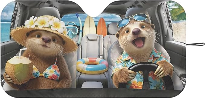 Cute Otter Car Front Windshield Sun Shade Foldable Tropical Sun Visor Protector Accessories for Cars Truck SUV UV Rays & Heat Protection Car Windshield Sunshade with Storage Bag