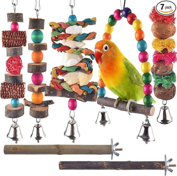 Bissap 7‑Pack Bird Chew Toys, Natural Wood Perch for Small Medium Parrots | Reduces Cage Boredom, Hanging Wooden Set with Chew Toys & Perch Stand, Fits Conure, Cockatiel, Parrotlet, Lovebird, Budgie