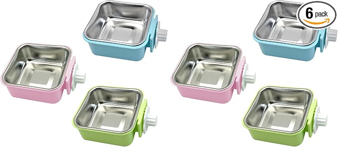 kathson Crate Dog Bowl, Removable Stainless Steel Hanging Pet Kennel Cage Bowl Food & Water Feeder Coop Cup for Puppy, Cat, Rabbit, Guinea Pigs 3pcs Small Square(Blue, Green, and Pink) (Pack of 2)