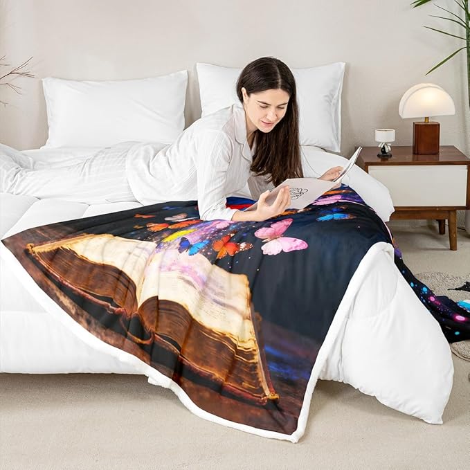 Feelyou Colorful Butterfly Fleece Throw Blanket Throw 50"x60" Kids Library Book Sherpa Blanket Plush Fuzzy for Bed Couch Chair Living Room, Reading Bed Blanket Butterfly Emerging from Book Room Decor