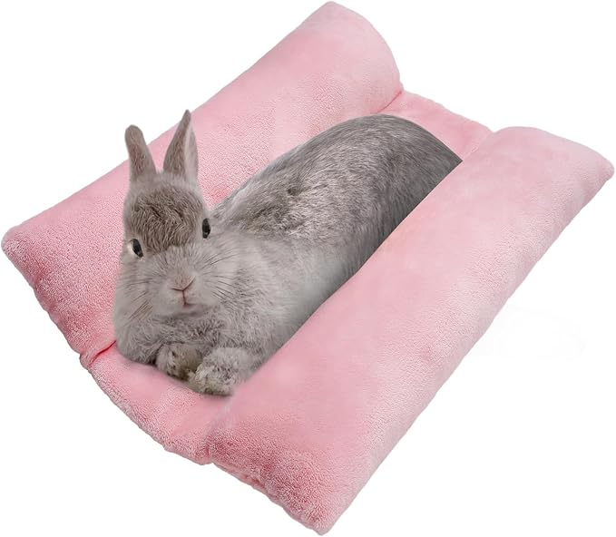 MEWTOGO 15.7" x 14" Bunny Bed for Rabbit Cage, Thickened & Soft | Prevent Sore Hocks Plush Mat with Cotton Lounger Pillows, Small Animal Flop Mat for Hutch Sleeping Indoor, Pink