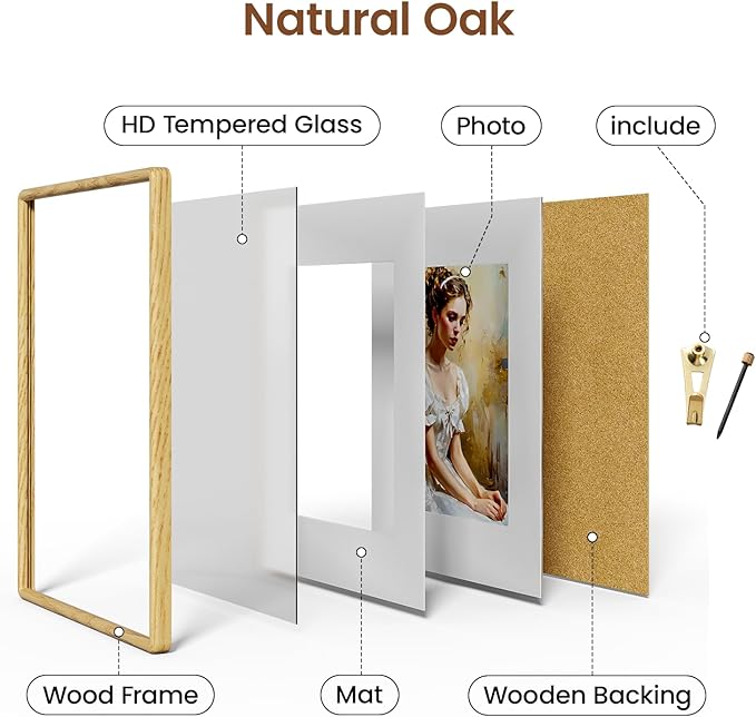 16x20 Picture Frame Natural Oak Wood From California-USA with Real Tempered Glass, Handcrafted 16 x 20 Poster Frame Matted to 11x14 Photo,Certificate,Degree,Graduation Picture Display Wall Decor
