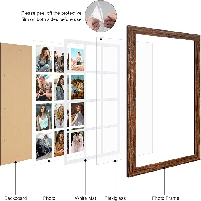 13x25 Picture Frame Display 12 opening 4X6 Picture Frame Collage,Multi Photo Frame with Mat,Plexiglass,Wall Mount Decor,Carbonized Brown Wood Grain