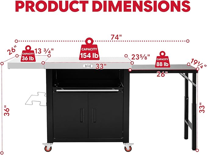Outdoor Kitchen Island with Cabinet, Outdoor Grill Table with Stainless Steel Top for Pizza Oven& Griddles, Movable Bar Cart with Pull-Out Plate for Parties& Gathering, Heavy-Duty, L74”x W24”