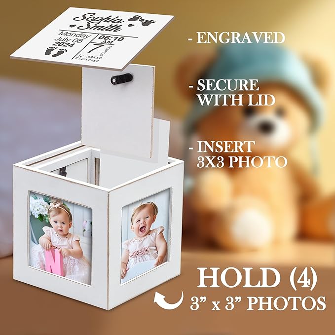 Personalized Mini White Wood Photo Cube for New Mom– Custom Name Picture Frame Memory Box for Baby Milestones, Newborn Photo Props, Shower Gift, or Nursery Shelf Display & Keepsake Decoration