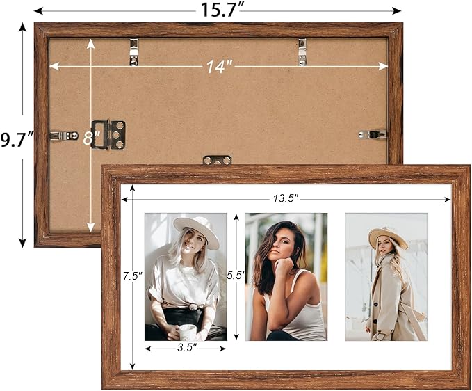 8x14 Collage frame with 3 Openings 4X6 Pictures, Multiple Picture Frame with Mat, Wall or Tabletop Decor, Carbonized Brown Wood Grain (1 Pack)