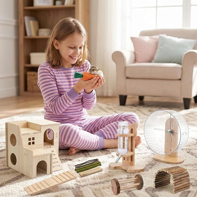 26 Pcs Hamster Cage Accessories, Silent Wheel & Wood House Set | Includes Maze House, Water Bottle, 13 Chew Toys, Seesaw Bridge; Natural Wood, for Guinea Pigs Chinchillas Gerbils Mice Rats