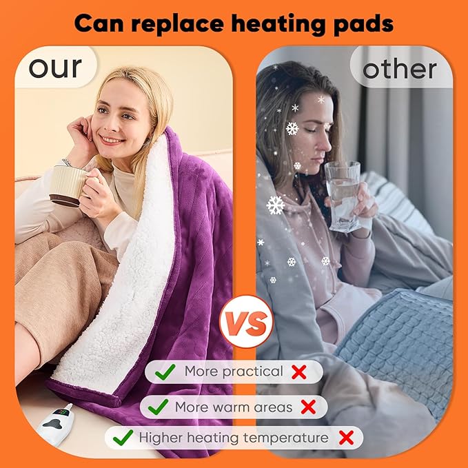 greenoak Heated Blanket Electric Full 72"X84", Heating Blanket with 10 Heat Levels 1/2/4/6/8 Hours Auto-Off, Soft Flannel Sherpa Warm Heater Christmas Blanket,Taro Purple