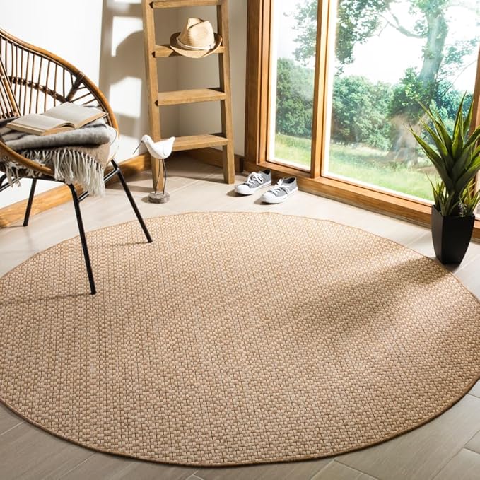 SAFAVIEH Washable Rug Outdoor Courtyard Collection - 6'7" Round, Natural & Cream, Non-Shedding & Easy Cleaning, Ideal for Patio, Backyard, Mudroom (CY8653-03021)
