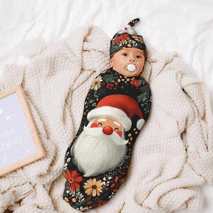 Christmas Baby Swaddle Blanket and Hat Set for Newborn Boys Girls Soft Infant Wrap Sleep 0-6 Months Red Santa