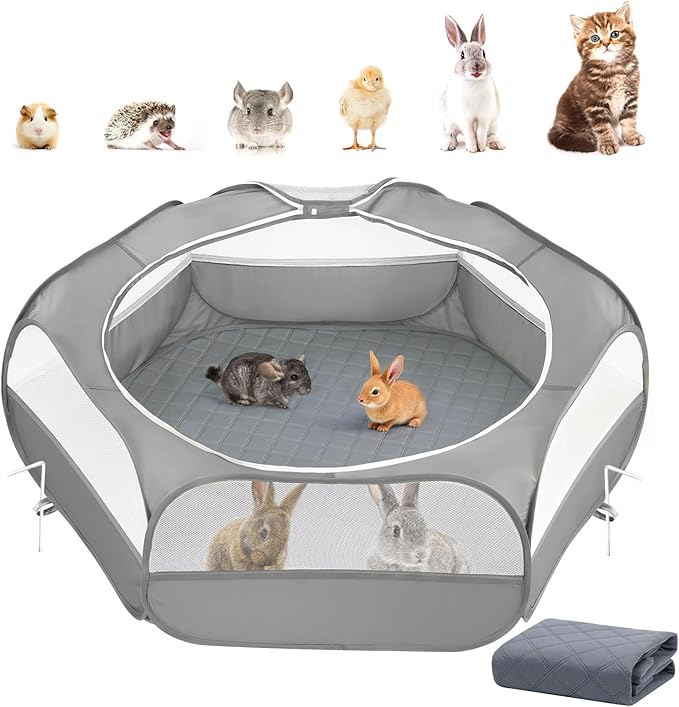 Pawaboo 2-in-1 Small Animals Playpen with Pad, Gray+Gray | Waterproof, Reusable Pad, Portable Outdoor Yard Fence with 3 Metal Rod, For Chick/Kitten/Guinea Pig/Rabbits/Chinchillas