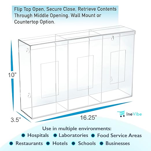Triple Hygiene Holder - 3 Compartment Acrylic Dispenser with Lid for Hairnets, Glove Boxes, Face Masks, Plastic Bags, Tissue Boxes in Home or Medical Setting - Counter or Wall Mount (Triple)