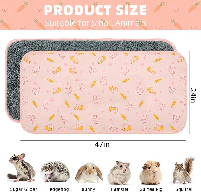 Homimp 2 Pack Guinea Pig Cage Liners,Washable Small Animal Bedding,Waterproof Reusable & Anti Slip Guinea Pig Pee Pad Fast and Super Absorbent Mat for Small Animal Rabbit Bunny Hamster,Pink 24"x47"