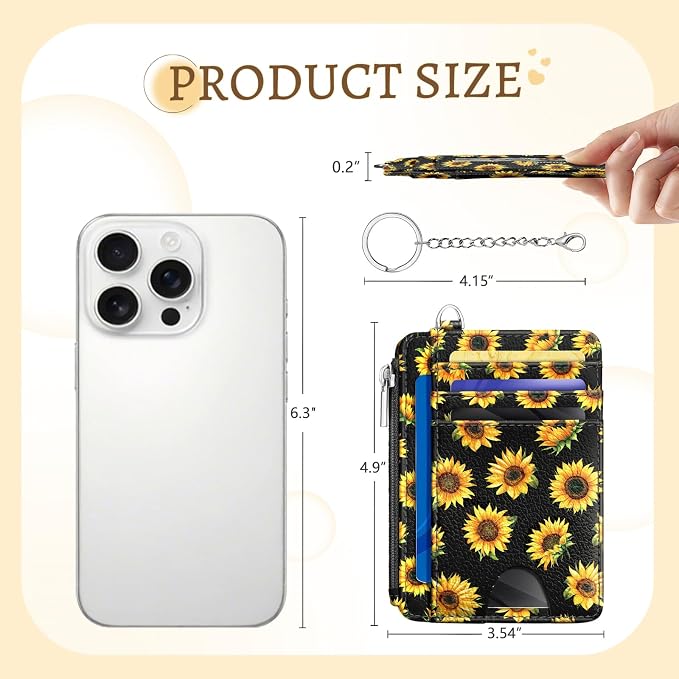 Kelvoris Credit Card Holder Small Wallet Women, Slim RFID, Sunflower | Keychain, Zipper Coin Pocket, Front Pocket Thin Travel Card Case, Minimalist, 6 Card Slots, 1 ID Window, Ladies Gifts Woman