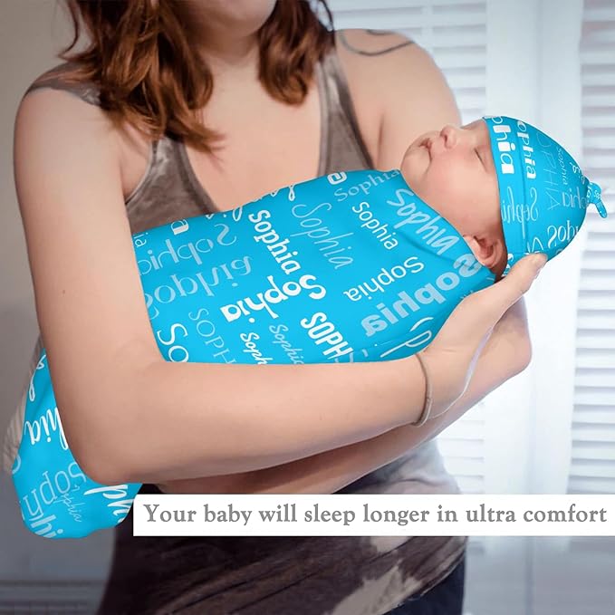 Swaddle Blanket with Hat Set Newborn Name Lettering Blue Receiving Blankets Baby Swaddle Wrap Soft Sleep Sack for Baby Boys and Girls