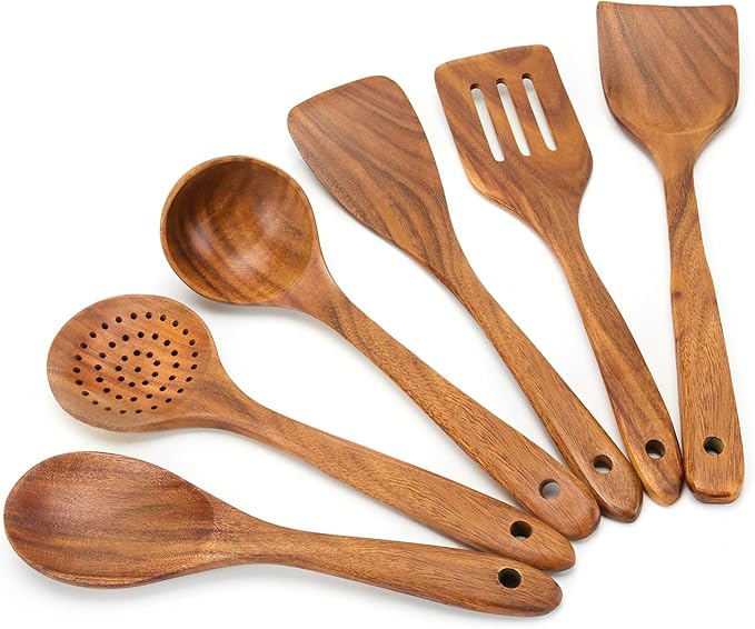 EZuncle 6 Piece Wooden Cooking Spoon Set - Ideal For Non-Stick Pans, Heat Resistant Solid Wood, Smooth Teak Cutlery For a Comfortable grip - Lightweight and Durable - Easy to Clean(6 PCS Large)