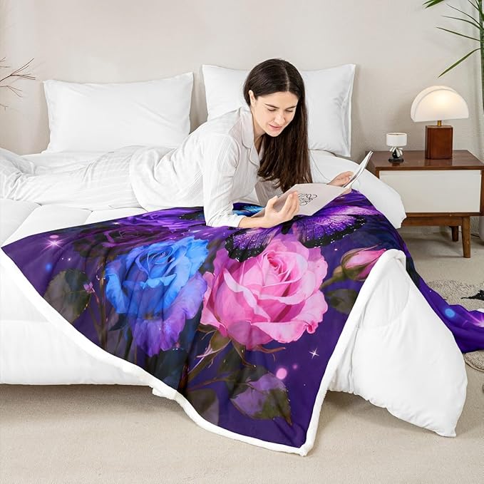 Feelyou Girls Butterfly Fleece Throw Blanket Throw 50"x60" Kids Dreamy Purple Butterflies Sherpa Blanket Plush Fuzzy for Bed Couch Chair Living Room, Rose Flower Bed Blanket Room Decor