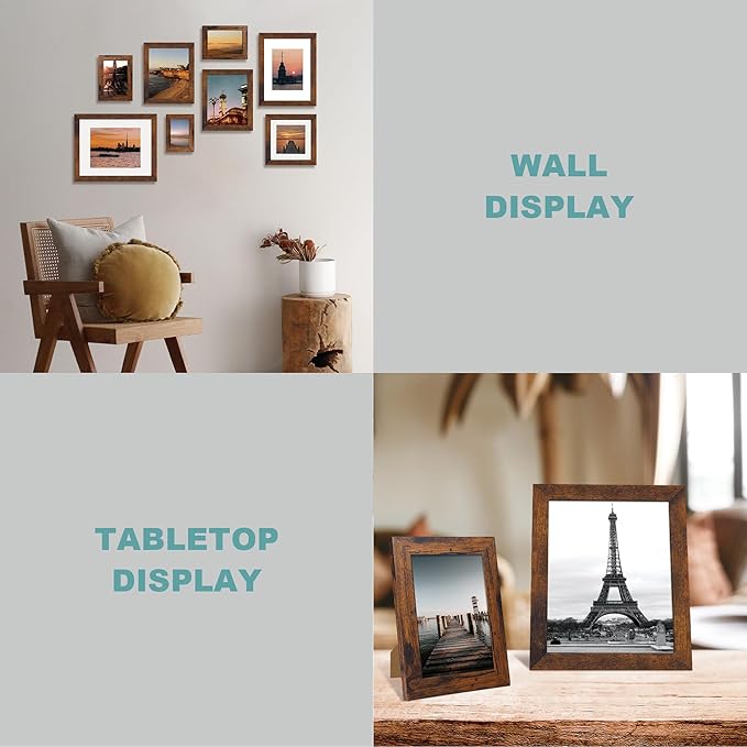 iRahmen 8.5x11 Picture Frame Set of 4, High Definition Real Glass Rustic Frame, Wood Photo Frames 8.5 by 11 Diploma Document for Wall Hanging and Tabletop Display