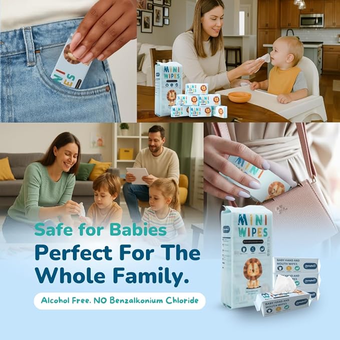 Mini Wet Wipes - Alcohol & Fragrance Free, Safe for Babies & Kids - 8 Bags Total 64 Wipes (Sky Lion)