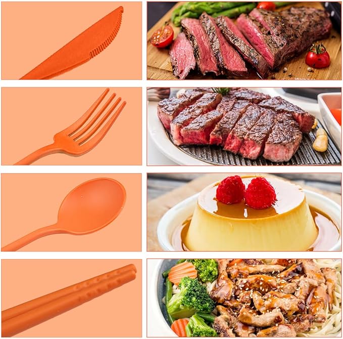 4 Sets Reusable Utensils With Case, Camping Cutlery Travel Silverware for Work, Lunch Picnic Daily Use Outdoor (Orange)