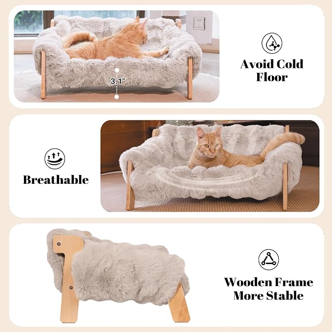 CHEERHOME PETS Elevated Cat Couch Bed Wooden Raised Kitty Sofa Lounge Chair | Washable Fluffy Cover Wooden Elevated Pet Furniture for Indoor Cats and Puppy(Gray)